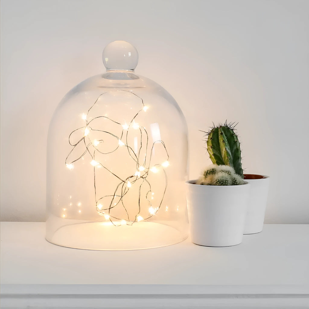 Copper wire LED button light string shaped into a spiral, powered by a small white battery box.