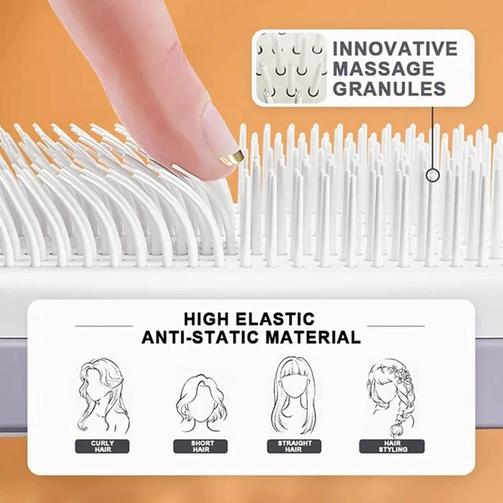 Self-cleaning hair brush with anti-static massage comb in purple colour