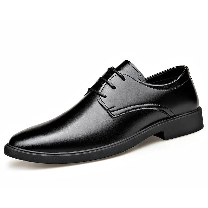 Men's black soft leather low-top round toe casual formal shoes with PU upper and PVC sole