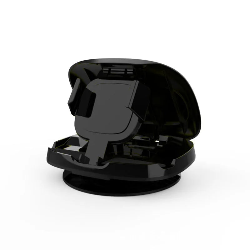 Black rotating suction cup car phone bracket mounted on windscreen with smartphone in cradle