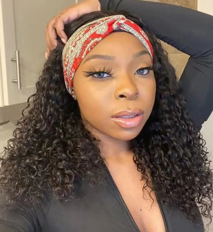 European and American women's head scarf wig with ice silk headband, long curly hair, high temperature wire, realistic style