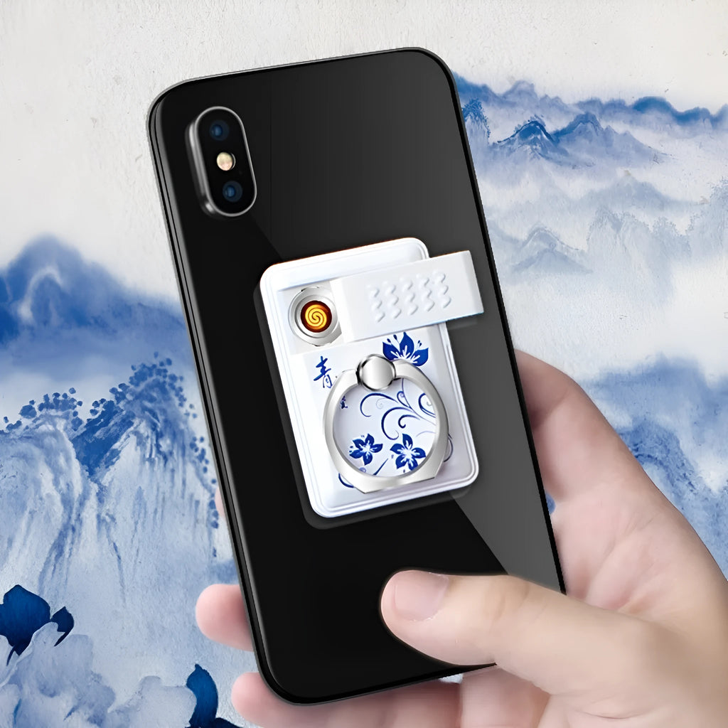 Multifunctional plastic phone holder cigarette lighter in blue and white porcelain colour