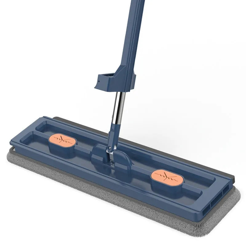 Large flat mop with blue cloths on stainless steel handle showing 360 degree rotating head mechanism