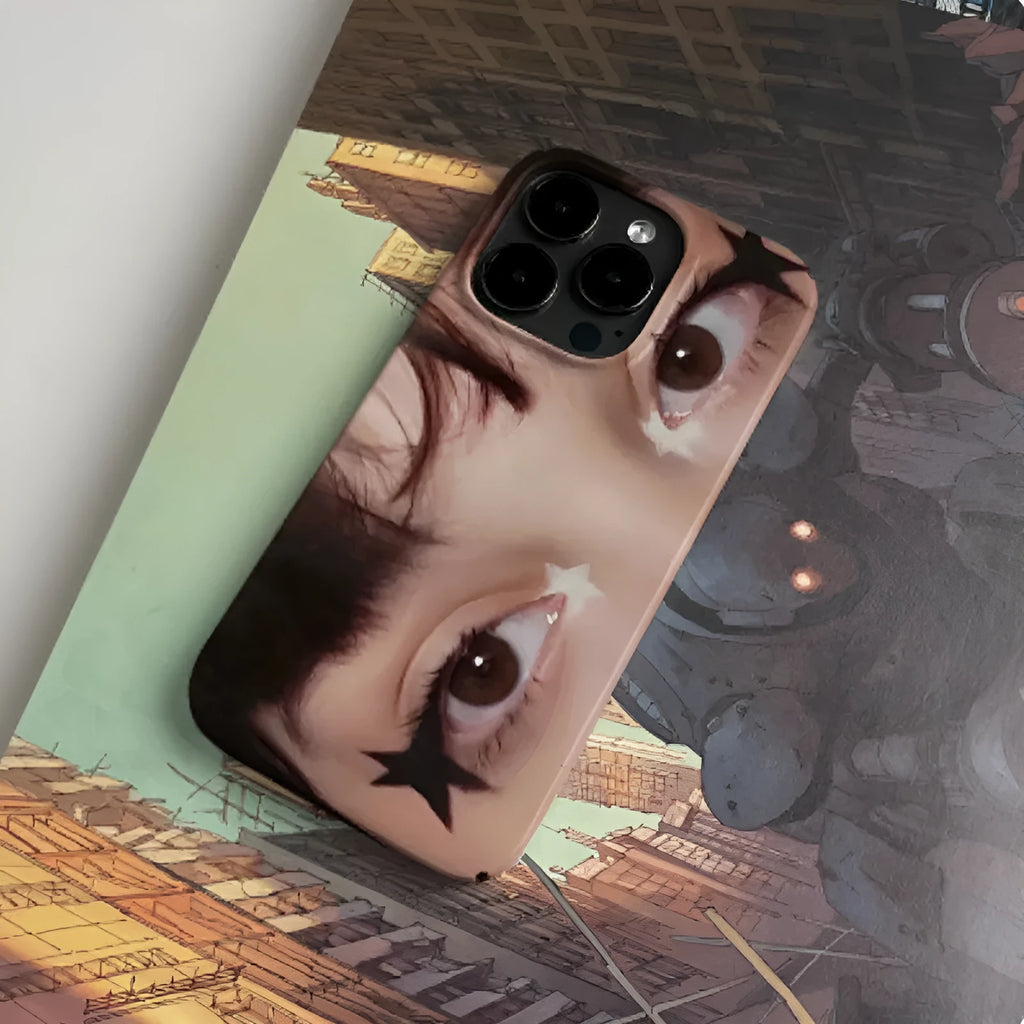 Cartoon mobile phone case in frosted hard shell finish with large hole cutouts for iPhone model