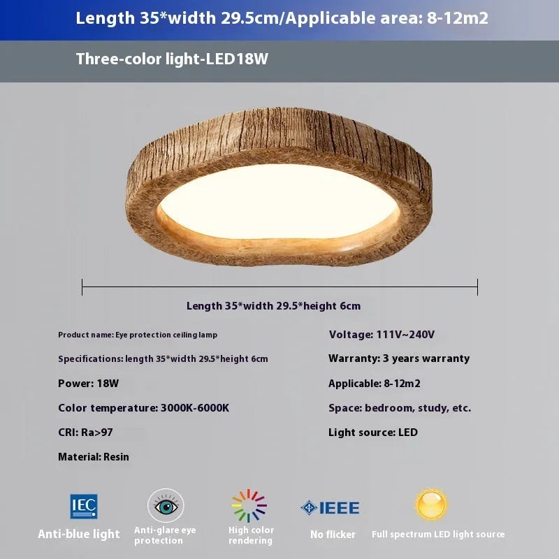 Round wood grain finished New Chinese style bedroom ceiling lamp with integrated LED light.
