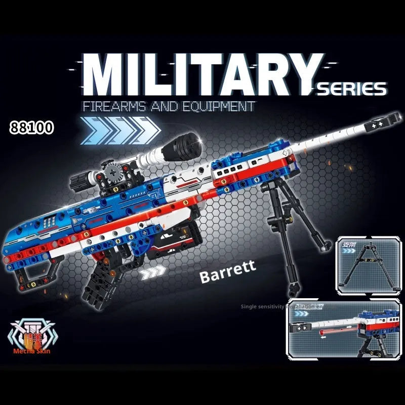 Patriotic Barrett sniper rifle building block toy set with red and gold small particle plastic bricks and rubber parts