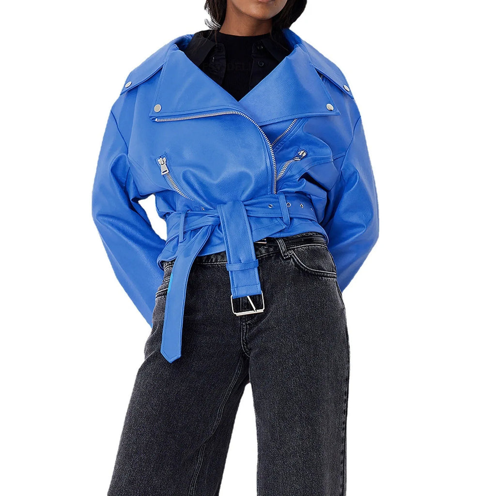 Black punk-style jacket with a drawstring waist and a soft Peter Pan collar on a hanger.