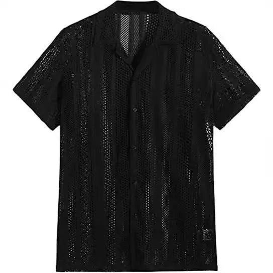 Man wearing a white knitted short-sleeved button cardigan shirt with textured Jacquard pattern.