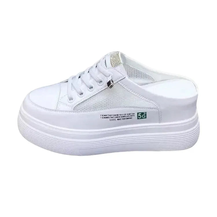 White women's mesh platform shoes with leather lining and rubber sole
