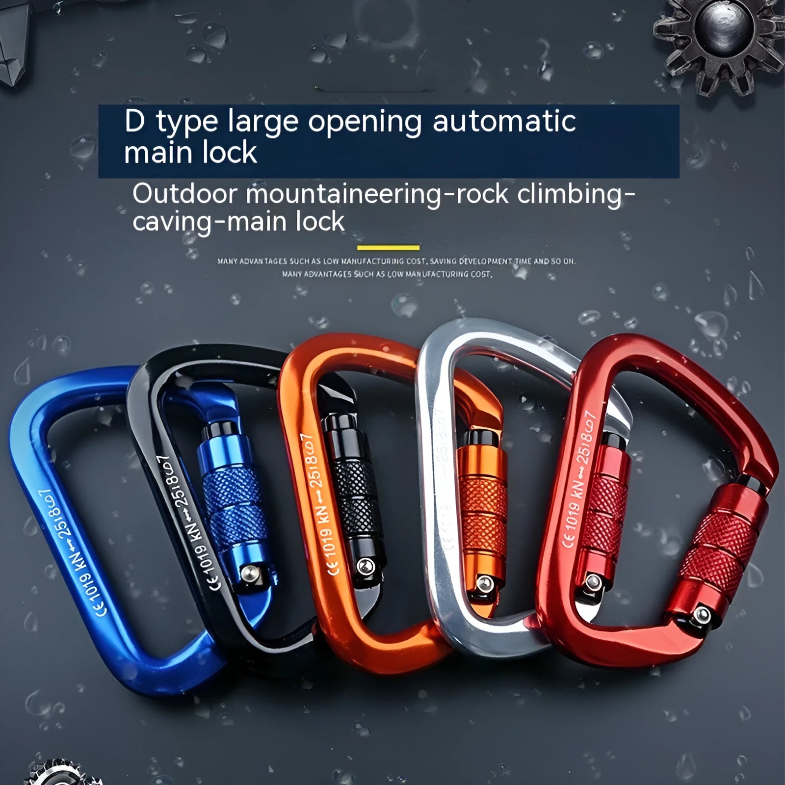 D-shaped rock climbing carabiner with automatic gate shown in orange, alongside a threaded gate version in black.