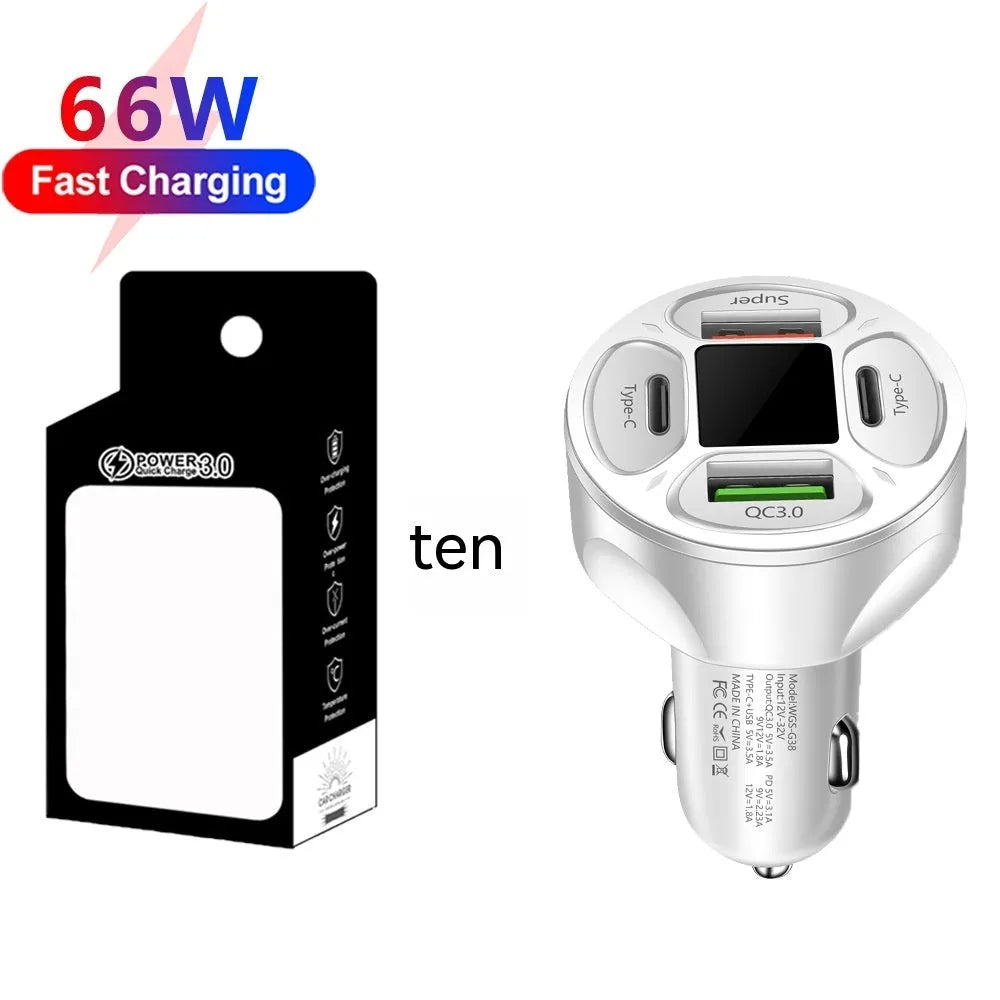 66W digital display car charger with 2USB and 2Type-C ports for fast charging