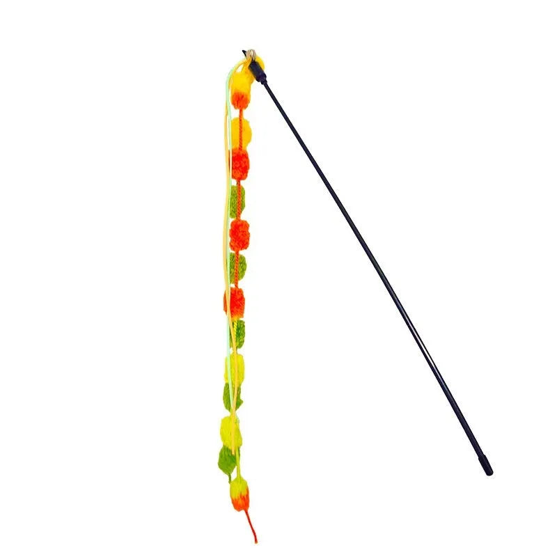 Rainbow cotton candy cat teaser wand with lengthening bar and bite-resistant tassel bell in plush material