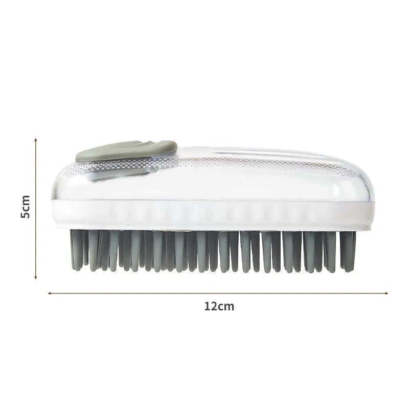 Grey silicone pet bath brush with square scrub pad and curved handle for dogs and cats