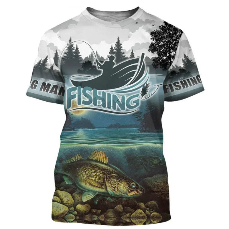 Men's fishing pattern printed short sleeve casual top in polyester fabric with loose fit