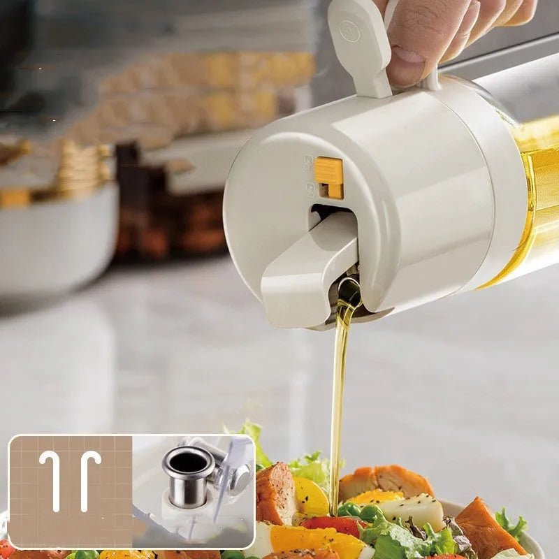 Warm grey glass oil sprayer bottle with switchable cover for spray and pour modes