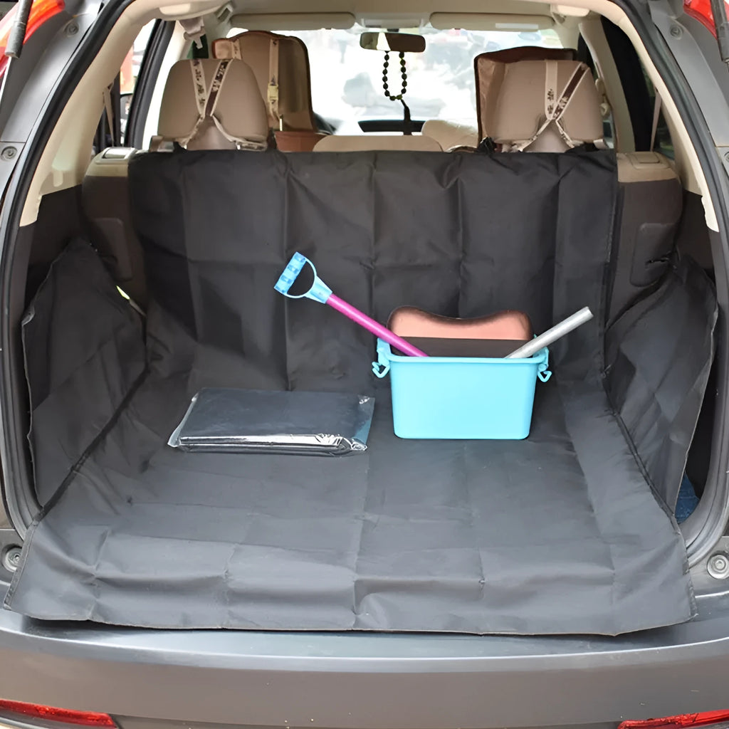 Oxford cloth car pet mat in black with paw print design, flat style, removable dog seat cushion