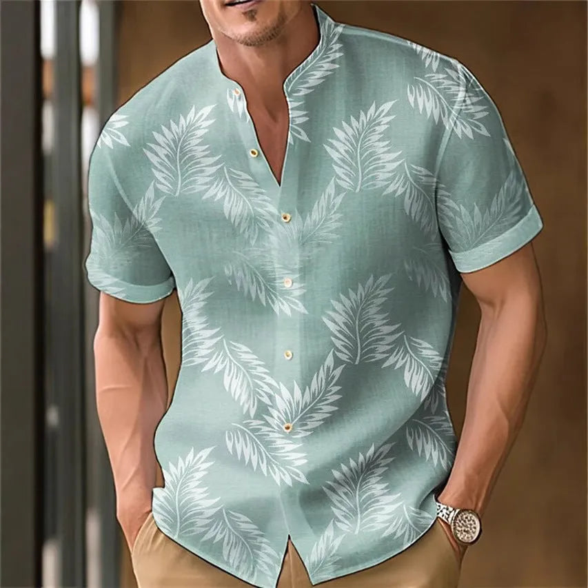 Men's casual printed polyester shirt shown in one of eight available colours.