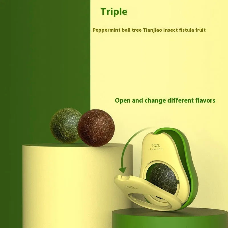 Plastic catnip ball toy in assorted colours for molar teeth cleaning and bite-resistant play.