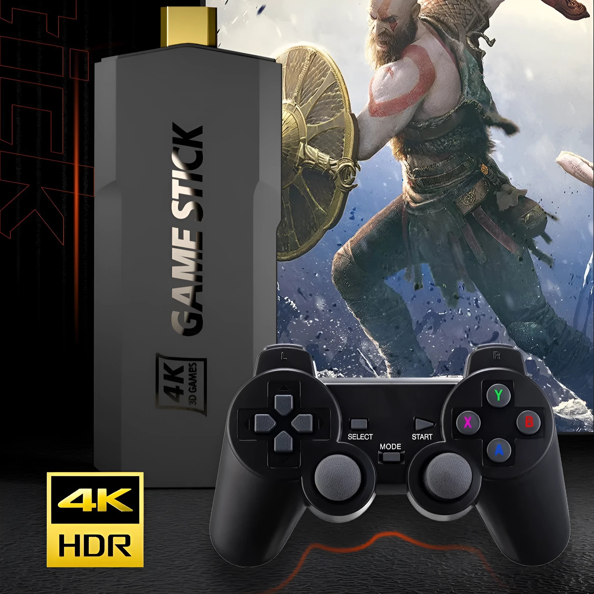 HD Home TV Game Console with wireless controller, HDMI cable, and compact ABS housing measuring 16cm x 11.5cm x 10.5cm