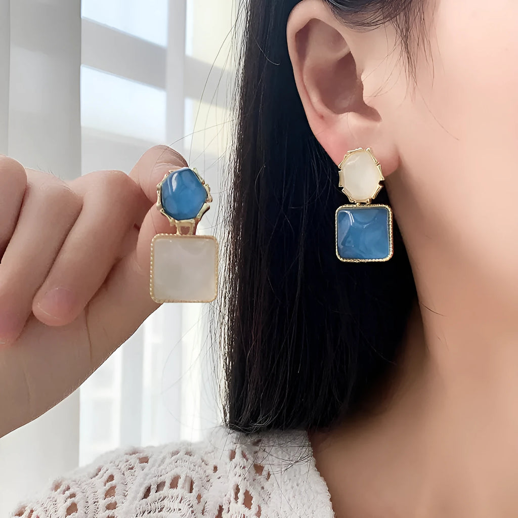 Contrast colour water ripple geometric square earrings in electroplated alloy, Korean style for women