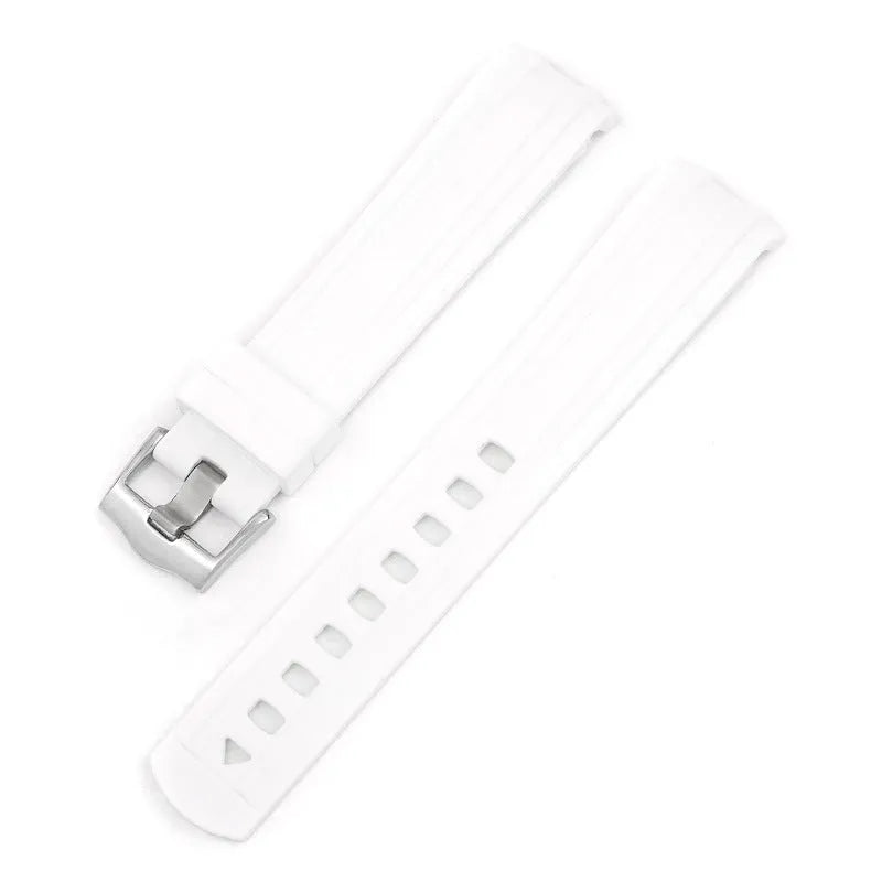20mm Apple Watch replacement strap in multiple colours with silver buckle, shown fitting a watch.