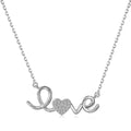 925 sterling silver LOVE pendant necklace for women, platinum finish, on display