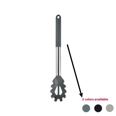 Black silicone kitchen utensil set with 12 tools in a rotating storage bucket on a kitchen countertop