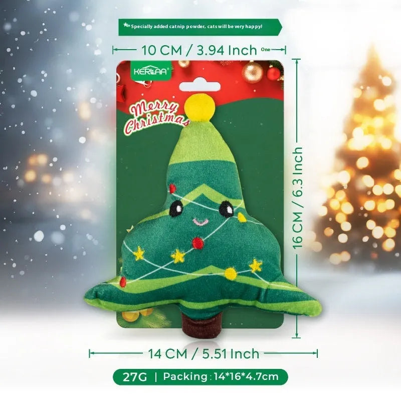 Christmas cat plush toy with catnip stuffing in festive designs including Santa Claus and Christmas Tree.