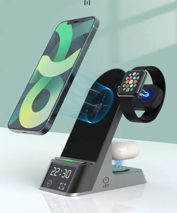 Black six-in-one multifunctional alarm clock with wireless phone charging pad and digital display.