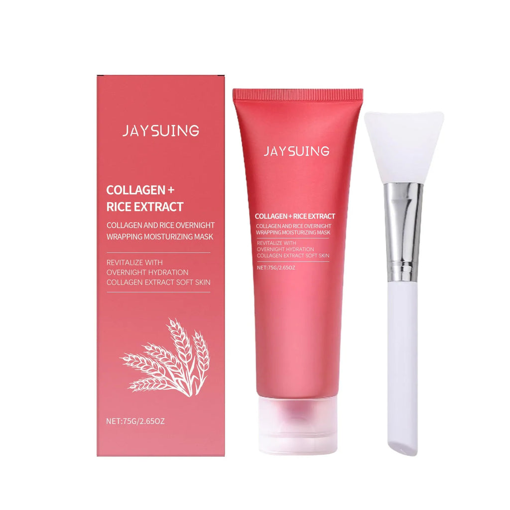 75g tube of Glowing Skin Rejuvenation facial mask and an application brush on a plain background.