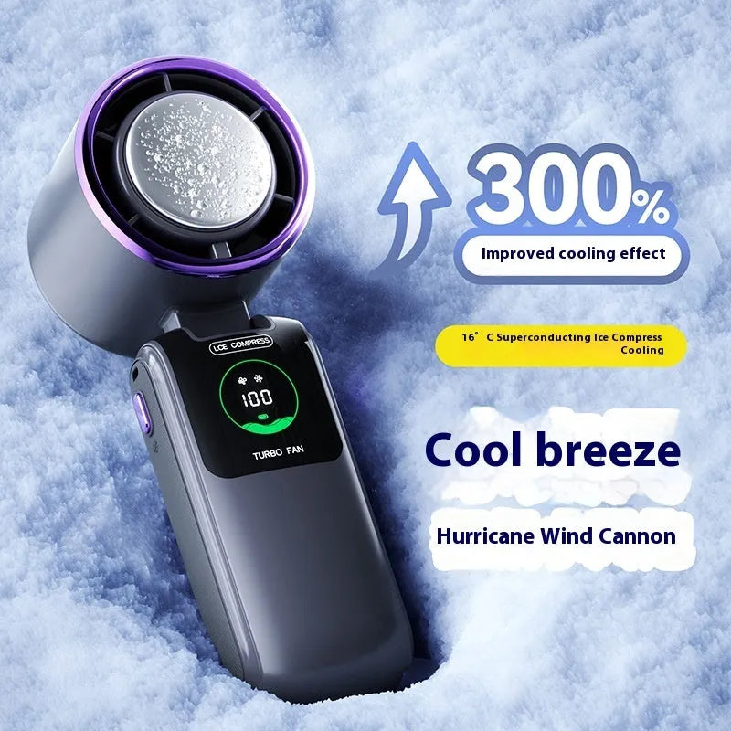 Handheld electric fan with neck strap shown in blue colour, featuring a folding design and USB port.