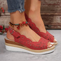 Women's fish-mouth wedge sandals in black with hollow buckle detail and thick PU sole
