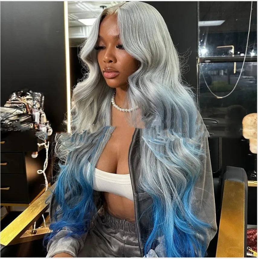 Grey-blue gradient human hair lace front wig with natural hairline on mannequin