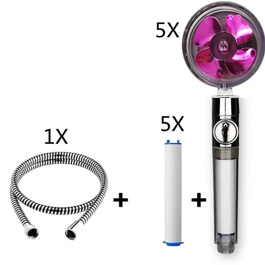 Blue handheld shower head with stop button and turbo nozzle on a chrome bracket.