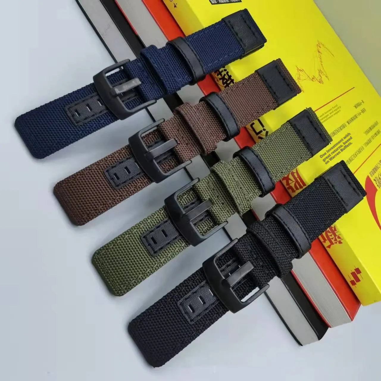 Oxford cloth watch strap in camouflage colour, showing textured fabric and metal buckle.