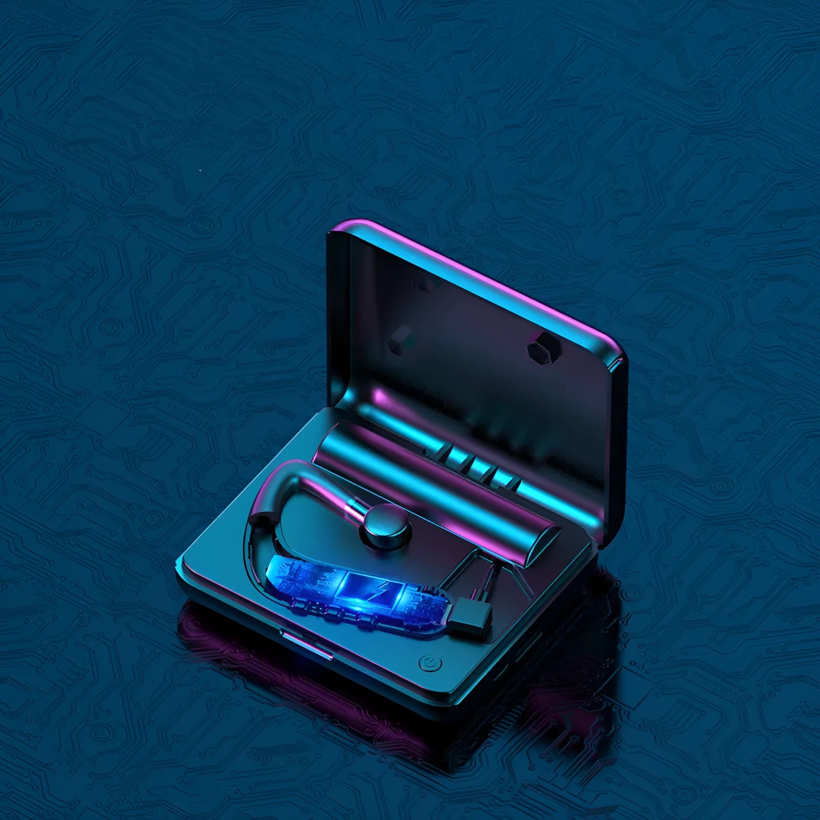 Black Bluetooth earphones with a hanging-ear design, shown with multiple ear caps and a charging cable.