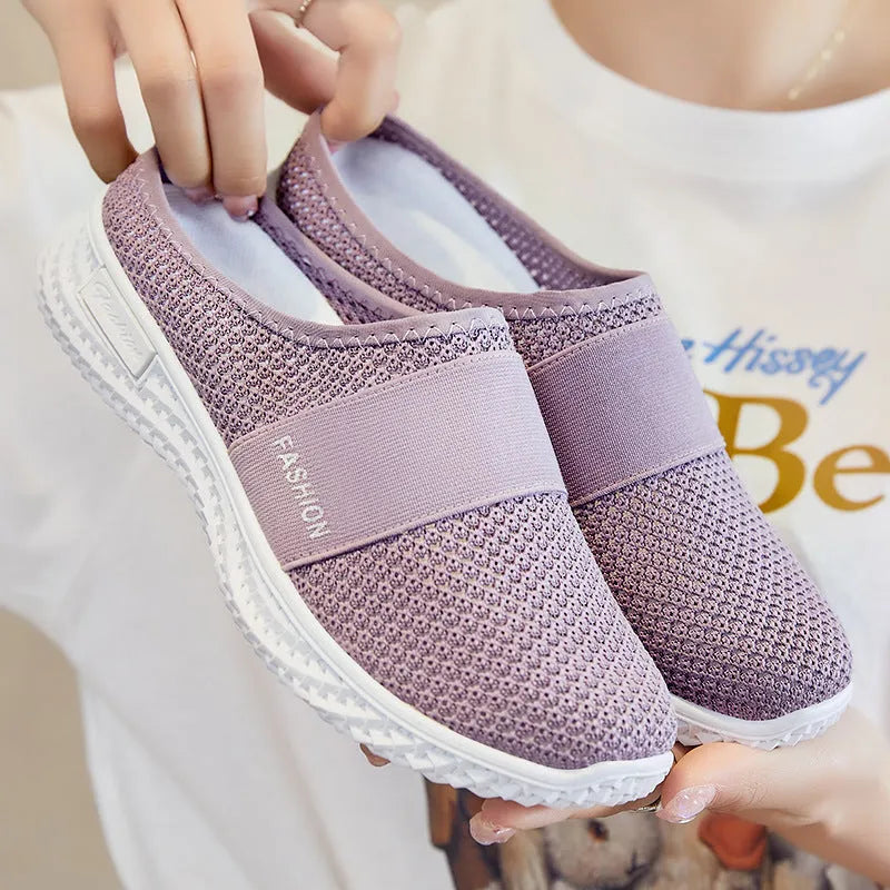 Women's mesh casual shoes with hollow-out design in G-2306 purple colour with flat heel