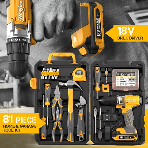 Grey yellow case open to reveal an 82-piece chrome-vanadium steel tool kit for furniture installation.