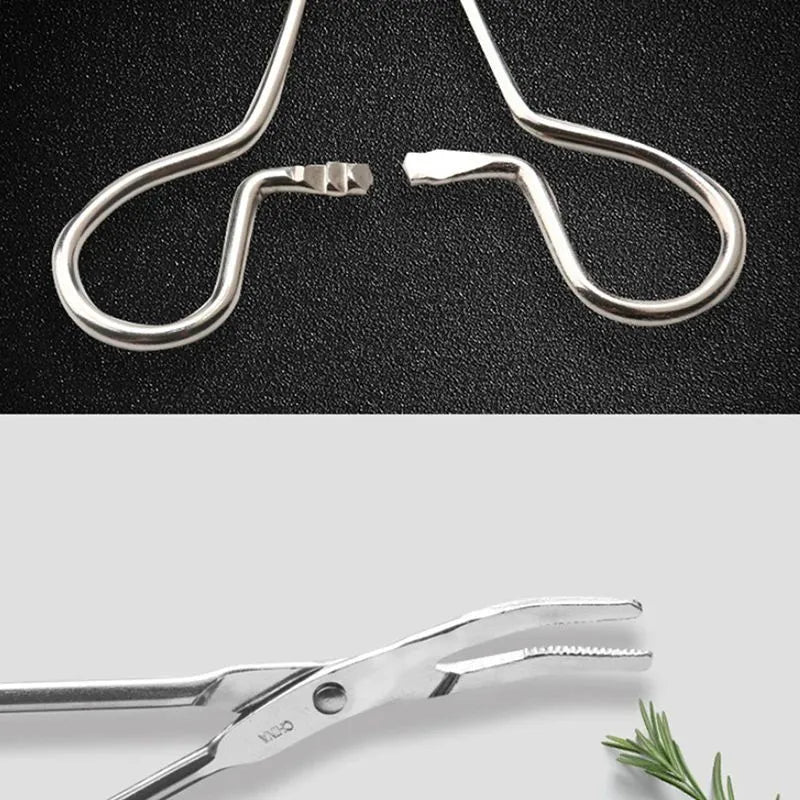 Silver stainless steel pet ear cleaning tweezers with anti-slip handle on a white background.