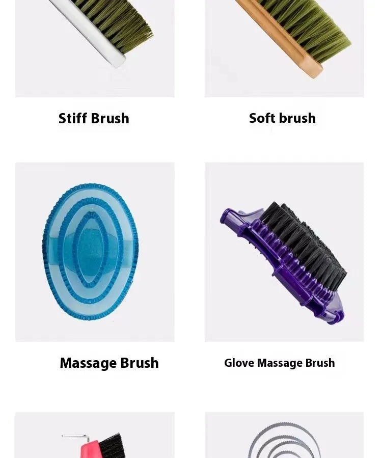 Horse grooming tool set with brushes, combs, and storage bag for equestrian care