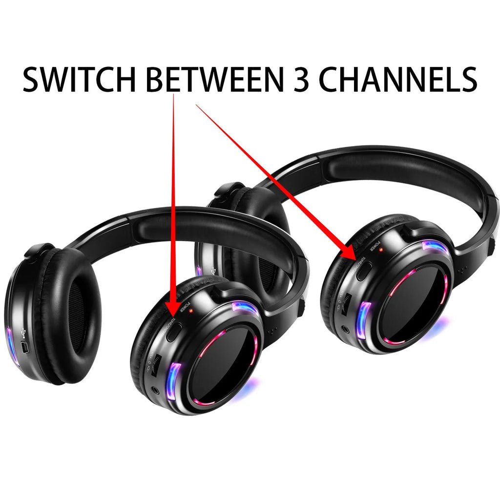 Black silent disco wireless headphones with a 3.5mm plug and long cable.