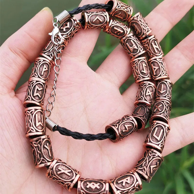 Set of 24 alloy Viking rune beard beads in antique silver, bronze, and red brass finishes, 13x10mm with 6mm inner diameter