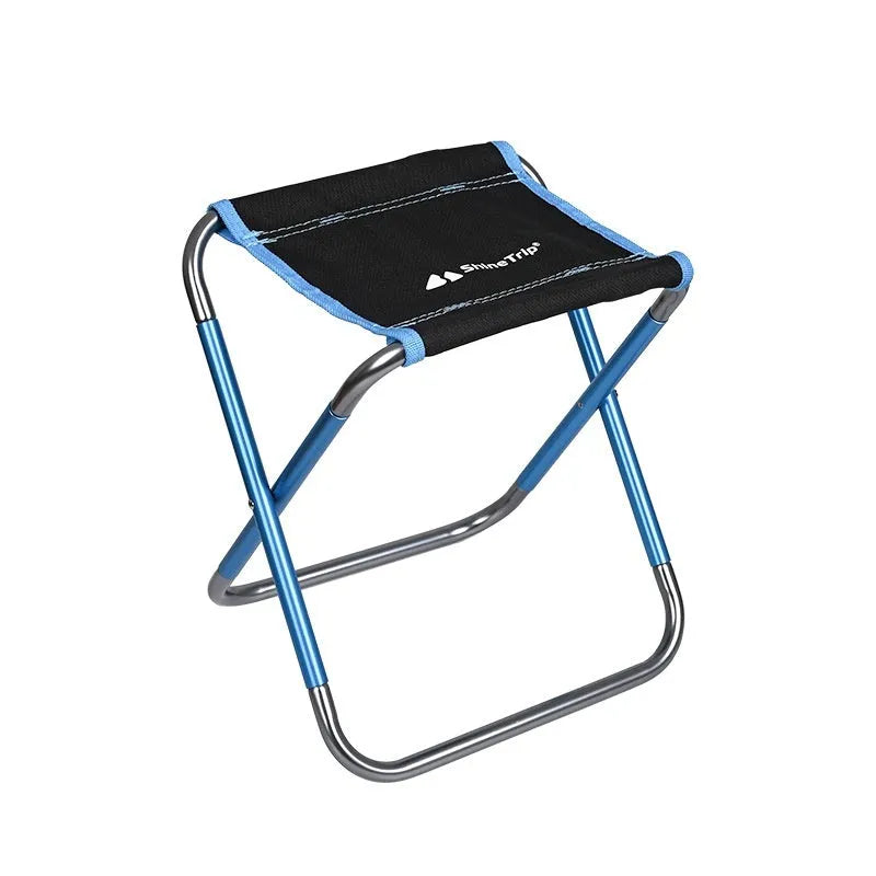 Black folding camp stool with aluminium alloy frame shown in open and folded positions.