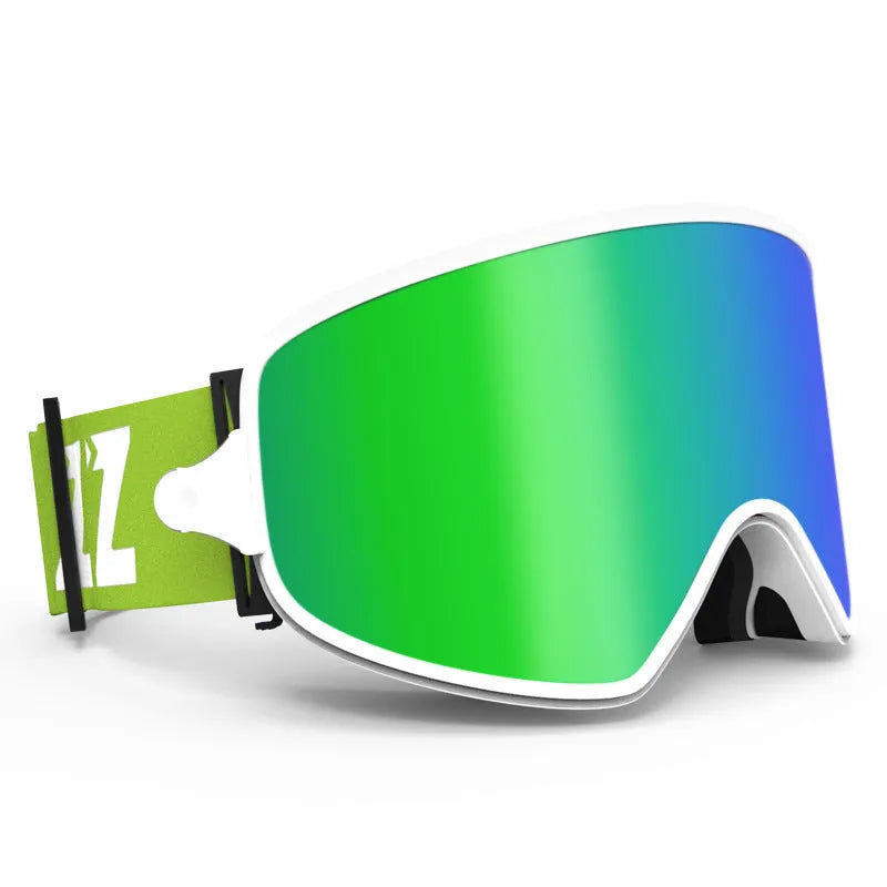 Magnet myopia night vision ski goggles in white frame with blue tablet, double-layer anti-fog PC+TPU design