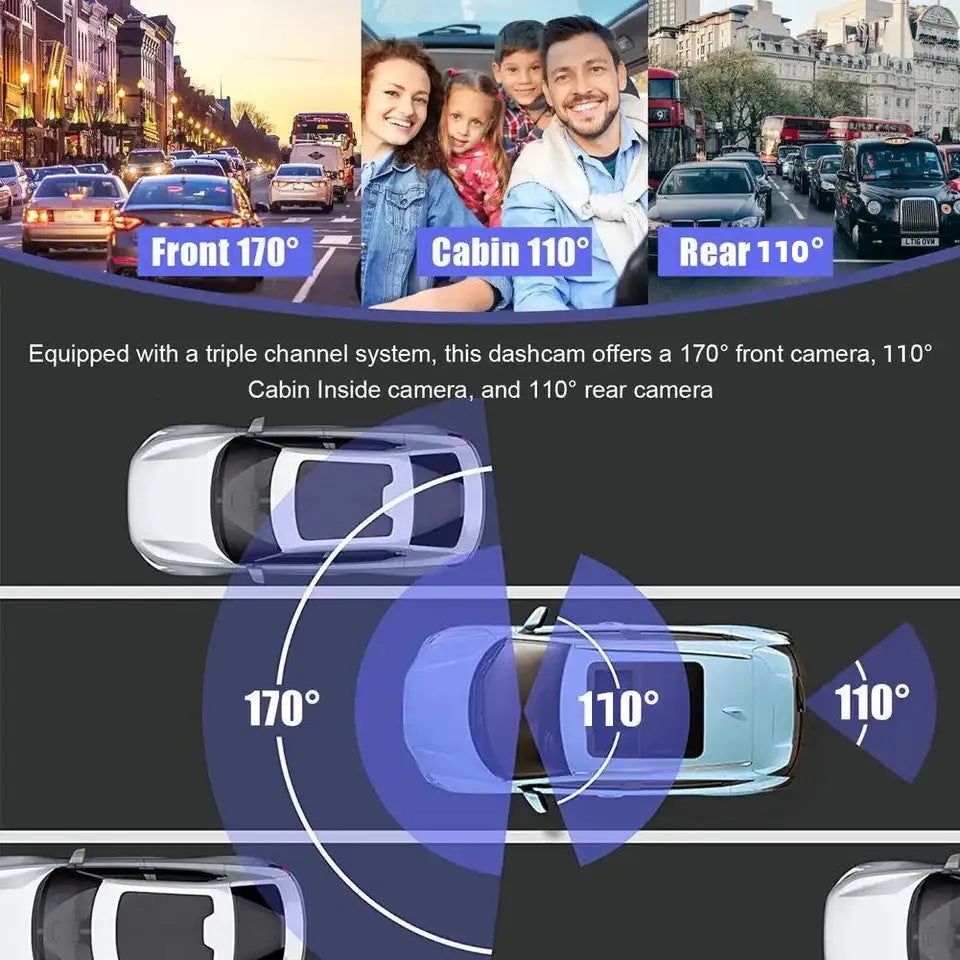 Black 3 lens driving recorder dash cam with 3 inch screen for front windshield mounting.