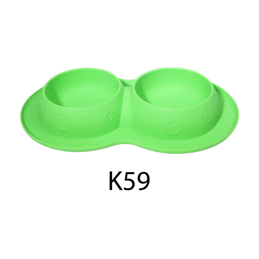 Blue non-slip silicone 2-in-1 pet feeding mat holding water and food bowls