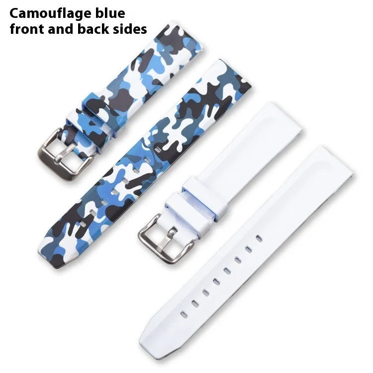 Green camouflage silicone watch strap showing 20mm width and buckle detail.