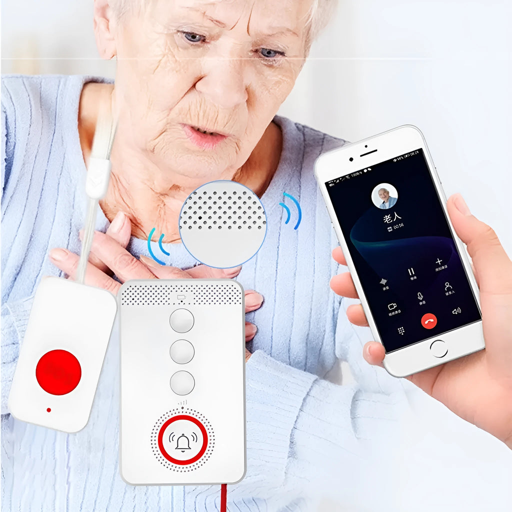 White elderly emergency alert system with one central buzzer and three wireless pendant buttons.