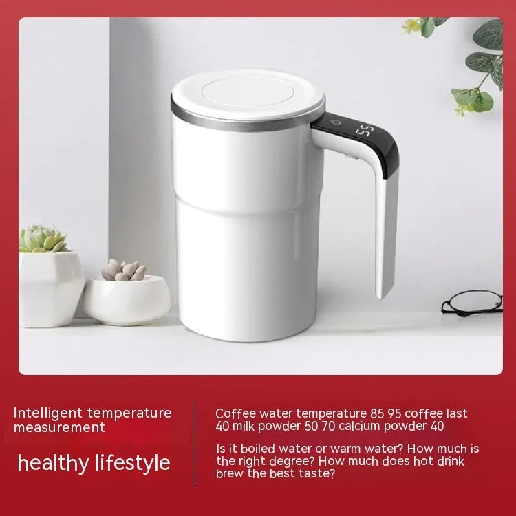 Black and white USB rechargeable electric coffee mug with LCD display and magnetic stirrer