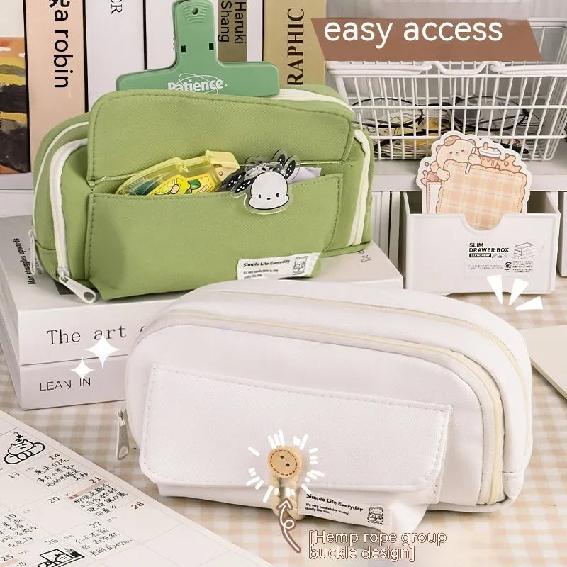 Canvas button pencil case in green, beige, blue or grey with capacity for 80 pens